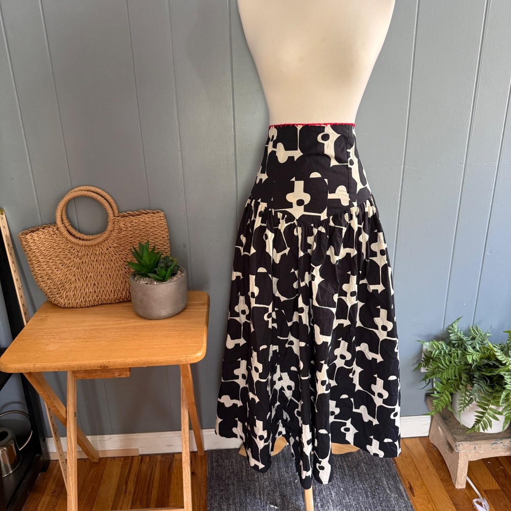Bel Kazan Strapless Smocked Midi Dress Black Cream Geometric Abstract Boho Sz M - Picture 13 of 13